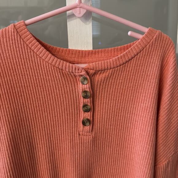 Old Navy Red Plaid Flannel Button Down and Light Orange Ribbed Tie Front Top - Picture 3 of 12